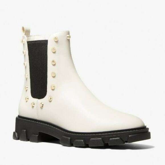 Michael Kors Ridley Studded Leather Boots Light Cream 7 - Picture 1 of 5